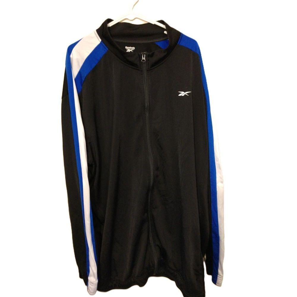 Unisex. Full zippered. Hoodie. Black. Rebok. 4XLT. Blue and white race Stripes.